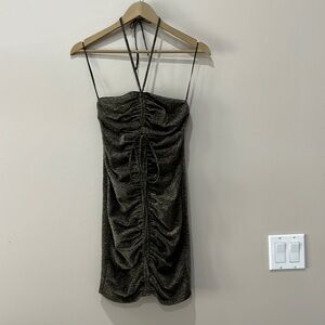 Showpo. Black and Gold Metallic Strapless Mini Dress in size 2
